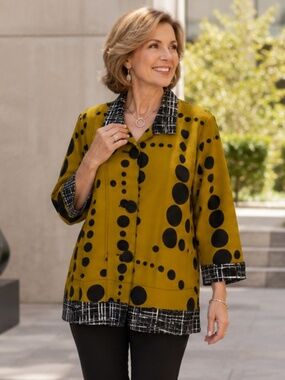 Ali Miles Mustard Black Polka Dot Textured Jacket Top NWT Size L Art-to-Wear